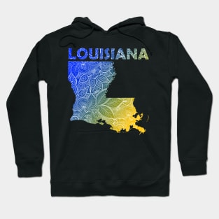 Colorful mandala art map of Louisiana with text in blue and yellow Hoodie